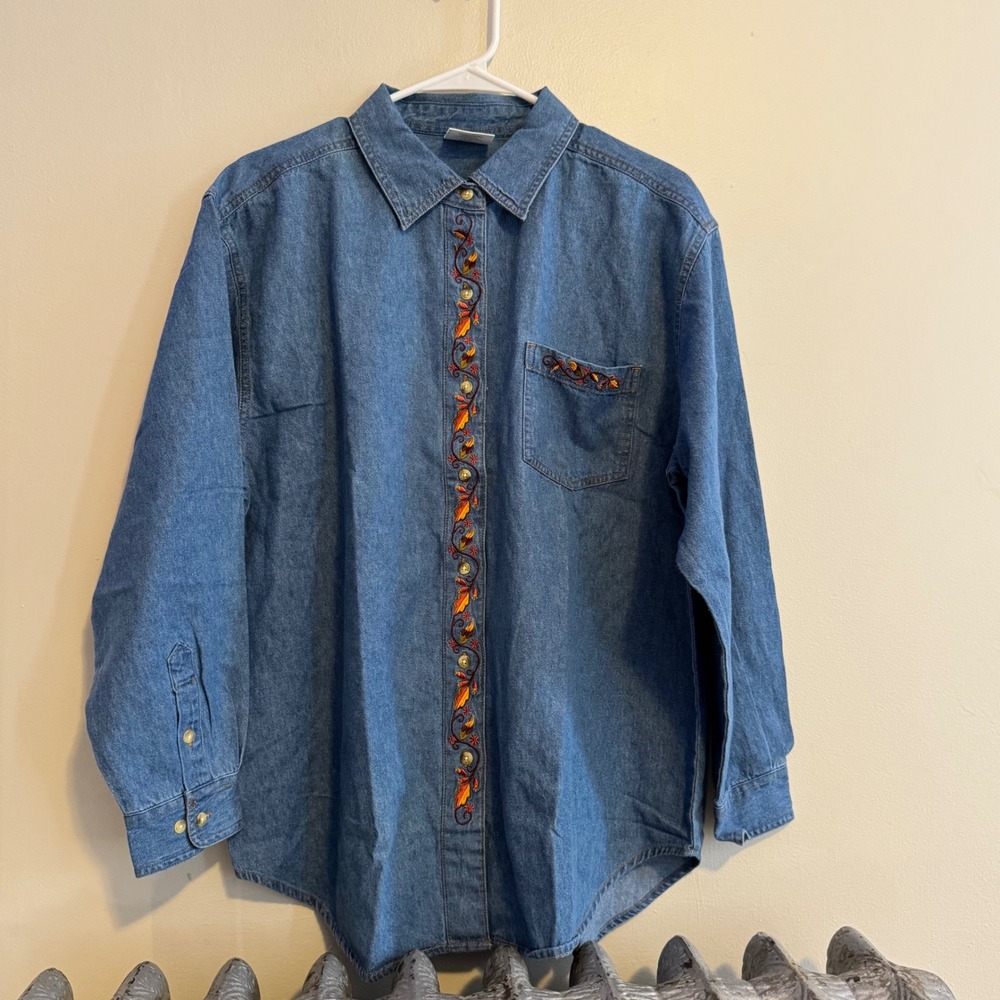Vintage Women's Denim Long Sleeve Shirt Embroidered Leaf Orange Blue Size L Boho
